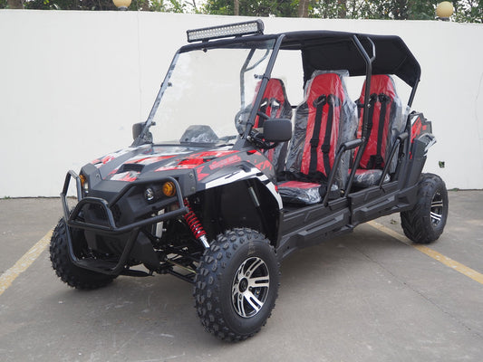 TrailMaster Challenger 4-300X EFI UTVChrome Rims, Bimini Top, Full roll Cage, Light Bar, Brush Guard. Independent Rear