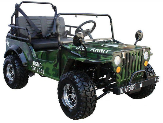 Deluxe Upgraded with better quality Mini-Jeep GO KART- Series 2 Dual Roll Bars, Over the shoulder Harness, 3 Speed Semi Automatic, Spare Tire, Mock Gas Can included-OFF ROAD ONLY, NOT STREET LEGAL
