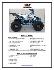 Trailmaster K125, 8" Wheel ,Youth Sports style ATV, Automatic Trans, Reverse,  Color Matched suspension, Front and Rear Brakes, Throttle Control
